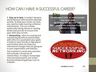 HOW CAN I HAVE A SUCCESSFUL CAREER?
6. Stay up to date. In today’s dynamic
world because skills become obsolete
quickly. T...
