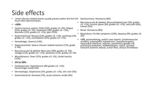 Side effects
• Initial infusion-related events usually present within the first 24
hours after administration.
• >10%:
• Central nervous system: Chills (53%; grades ≥3: 2%), fatigue
(41%; grades ≥3: 1%), headache (18%; grades ≥3: <1%),
dizziness (12%; grades ≥3: <1%), pain (12%)
• Gastrointestinal: Nausea (22%; grades ≥3: <1%), vomiting (13%
grades ≥3: <1%), constipation (12%; grades ≥3: <1%)
• Hematologic: Anemia (13%)
• Hypersensitivity: Severe infusion related reaction (71%; grade
3: 4%)
• Neuromuscular & skeletal: Back pain (30%; grades ≥3: 3%),
myalgia (12%; grades ≥3: <1%), weakness (11%; grades ≥3: 1%)
• Miscellaneous: Fever (31%; grades ≥3: 1%), citrate toxicity
(15%)
• 1% to 10%:
• Cardiovascular: Hypertension (8% grades ≥3: <1%),
hemorrhagic stroke (4%)
• Dermatologic: Diaphoresis (5%; grades ≥3: <1%), skin rash (5%)
• Gastrointestinal: Anorexia (7%), acute ischemic stroke (4%)
• Genitourinary: Hematuria (8%)
• Neuromuscular & skeletal: Musculoskeletal pain (9%; grades
≥3: <1%), muscle spasm (8%; grades ≥3: <1%), neck pain (6%),
tremor (5%)
• Renal: Hematuria (8%)
• Respiratory: Flu-like symptoms (10%), dyspnea (9%; grades ≥3:
2%)
• <1%, postmarketing, and/or case reports: Cerebrovascular
accident, eosinophilia, hypotension, myasthenia gravis,
myocardial infarction, myositis, paresthesia (grades ≥3),
pulmonary embolism, rhabdomyolysis, sepsis, syncope,
transient ischemic attacks, tumor flare, venous thrombosis
 