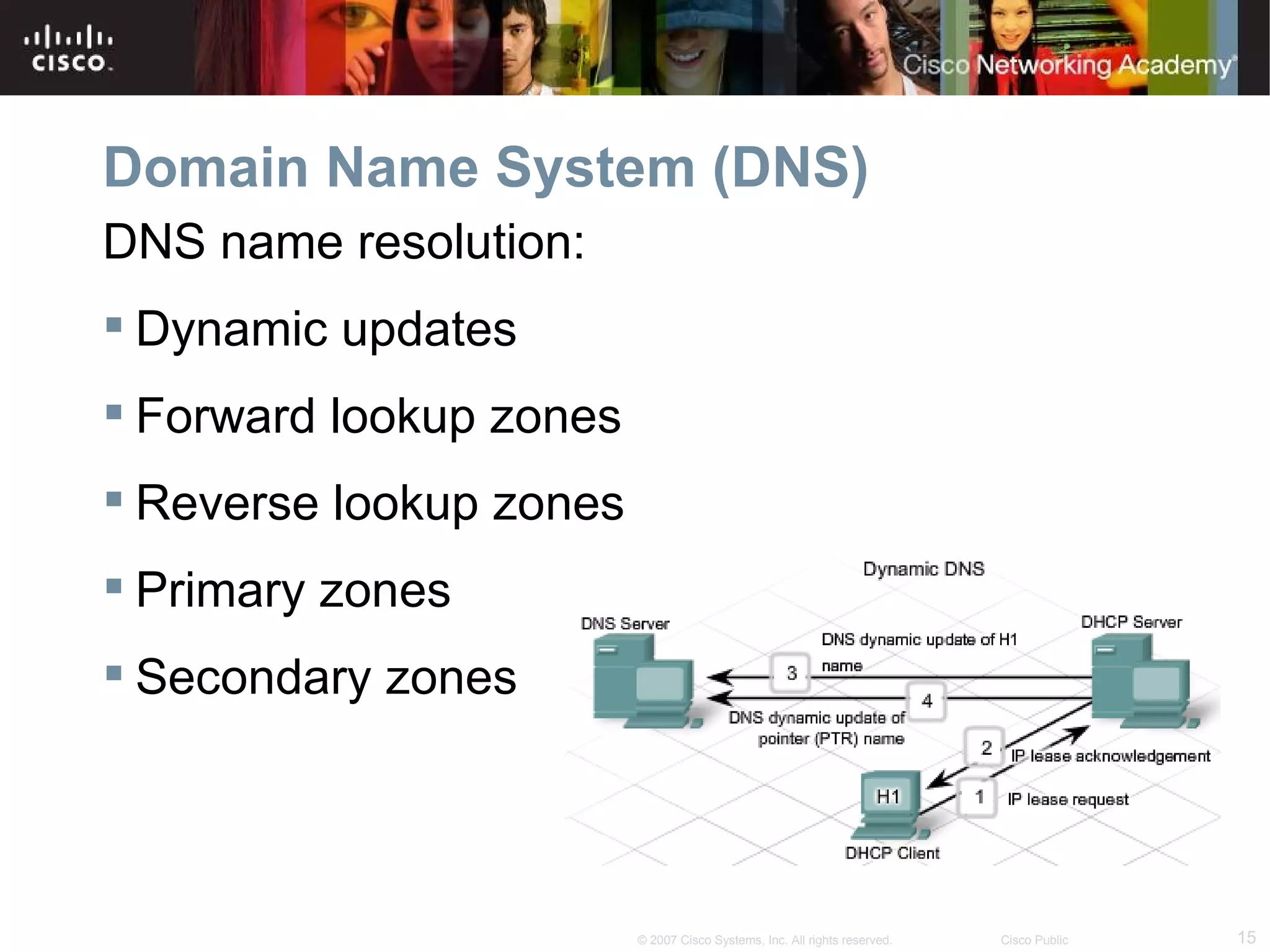 Domain Name System (DNS)
DNS name resolution:
 Dynamic updates
 Forward lookup zones
 Reverse lookup zones
 Primary zones
 Secondary zones




                         © 2007 Cisco Systems, Inc. All rights reserved.   Cisco Public   15
 