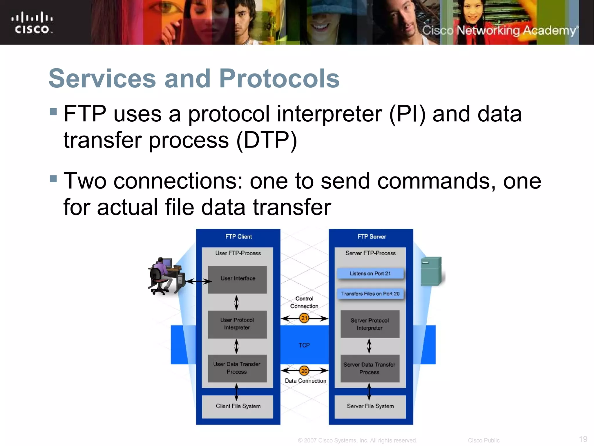 Services and Protocols
 FTP uses a protocol interpreter (PI) and data
  transfer process (DTP)
 Two connections: one to send commands, one
  for actual file data transfer




                        © 2007 Cisco Systems, Inc. All rights reserved.   Cisco Public   19
 