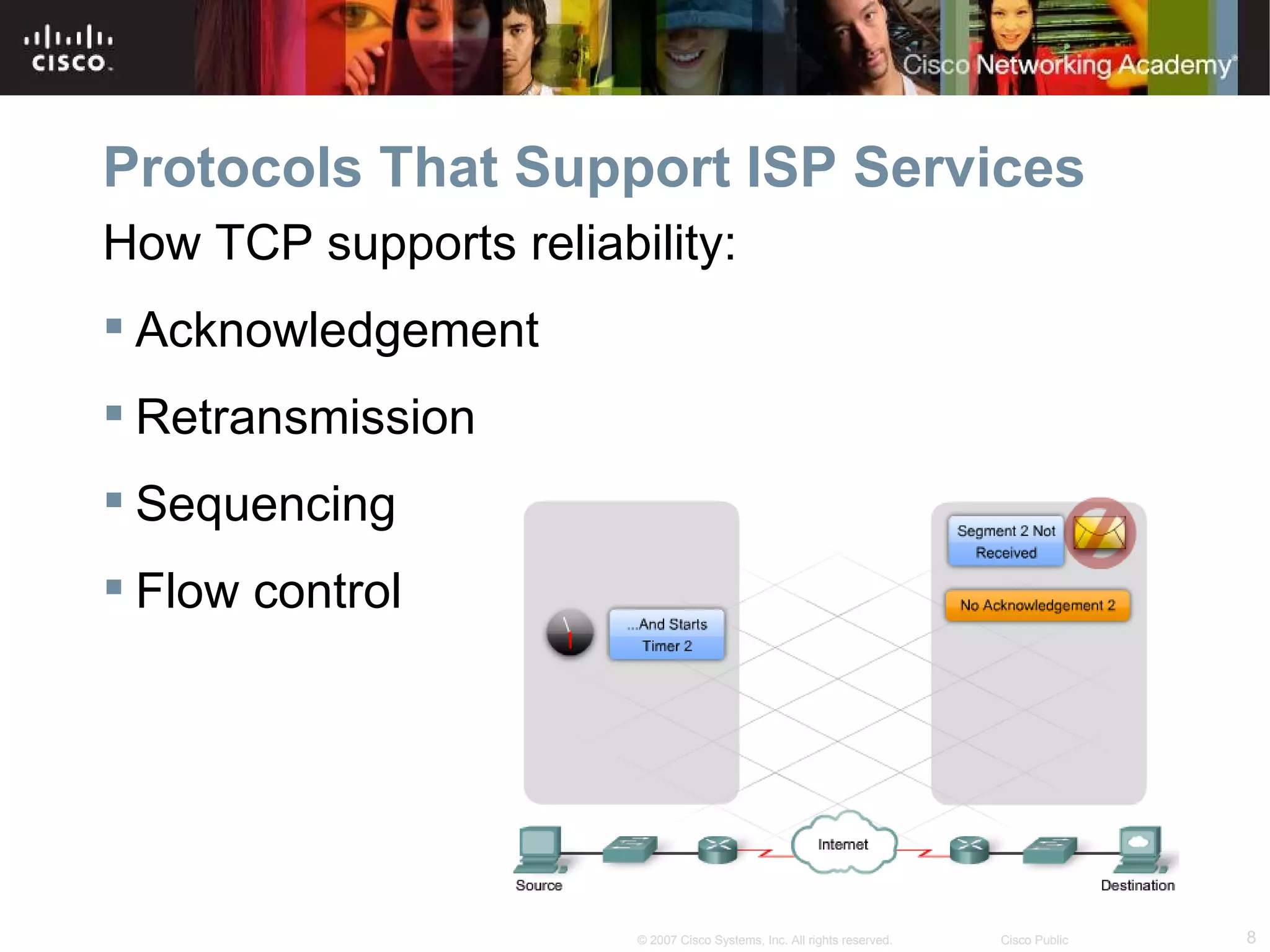 Protocols That Support ISP Services
How TCP supports reliability:
 Acknowledgement
 Retransmission
 Sequencing
 Flow control




                        © 2007 Cisco Systems, Inc. All rights reserved.   Cisco Public   8
 