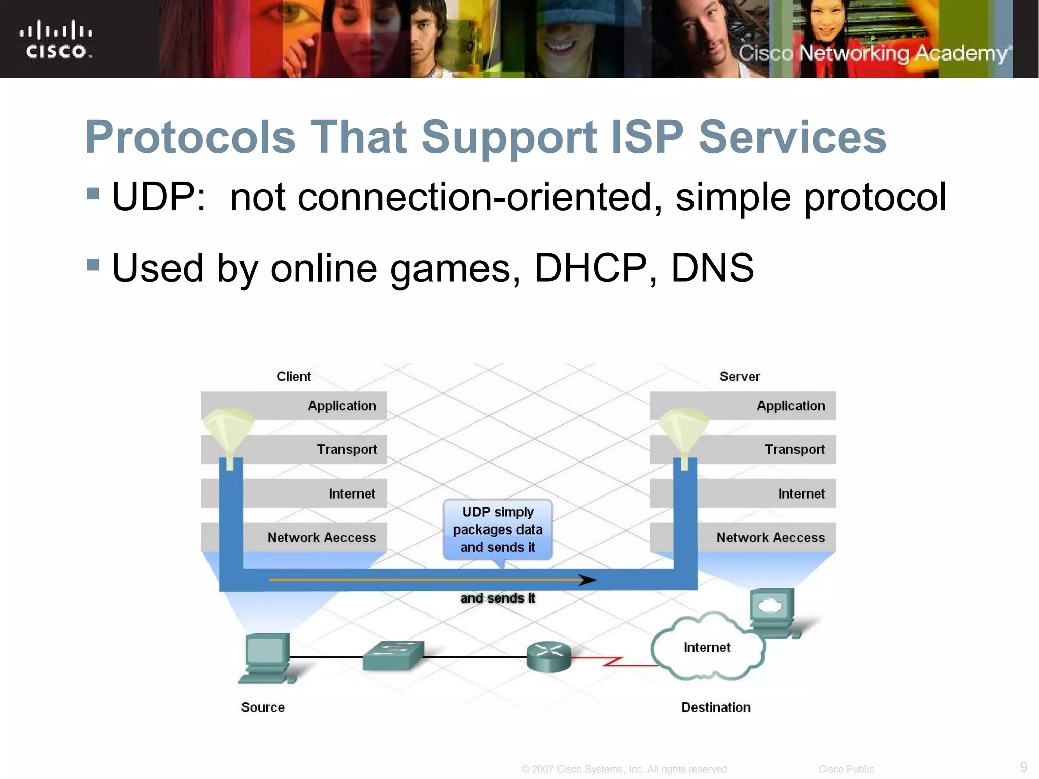Protocols That Support ISP Services
 UDP: not connection-oriented, simple protocol
 Used by online games, DHCP, DNS




                       © 2007 Cisco Systems, Inc. All rights reserved.   Cisco Public   9
 