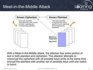 Meet-in-the-Middle Attack

                               Known Ciphertext                    Known Plaintext
                                   Use every possible                  Use every possible
                                   decryption key until a result       encryption key until a
                                   is found matching the               result is found matching
                                   corresponding plaintext.            the corresponding
                                                                       ciphertext.




                                                                   MATCH of
                                                                   Ciphertext!
                                                                   Key found




        With a Meet-in-the-Middle attack, the attacker has some portion of
        text in both plaintext and ciphertext. The attacker attempts to
        unencrypt the ciphertext with all possible keys while at the same time
        encrypt the plaintext with another set of possible keys until one match
        is found.
© 2009 Cisco Learning Institute.                                                                  19
 