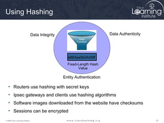 Using Hashing


                                   Data Integrity                           Data Authenticity




                                                      e883aa0b24c09f
                                                      Fixed-Length Hash
                                                            Value

                                                    Entity Authentication

   • Routers use hashing with secret keys
   • Ipsec gateways and clients use hashing algorithms
   • Software images downloaded from the website have checksums
   • Sessions can be encrypted
© 2009 Cisco Learning Institute.                                                                32
 
