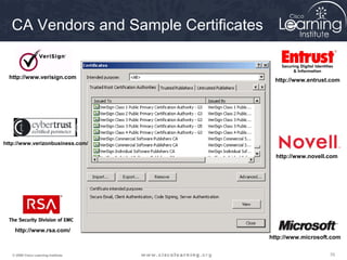 CA Vendors and Sample Certificates


  http://www.verisign.com                http://www.entrust.com




http://www.verizonbusiness.com/

                                          http://www.novell.com




    http://www.rsa.com/
                                        http://www.microsoft.com


   © 2009 Cisco Learning Institute.                         70
 