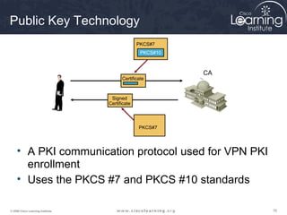 Public Key Technology
                                                 PKCS#7
                                                  PKCS#10



                                                            CA
                                         Certificate



                                    Signed
                                   Certificate




                                                 PKCS#7




     • A PKI communication protocol used for VPN PKI
       enrollment
     • Uses the PKCS #7 and PKCS #10 standards

© 2009 Cisco Learning Institute.                                 76
 