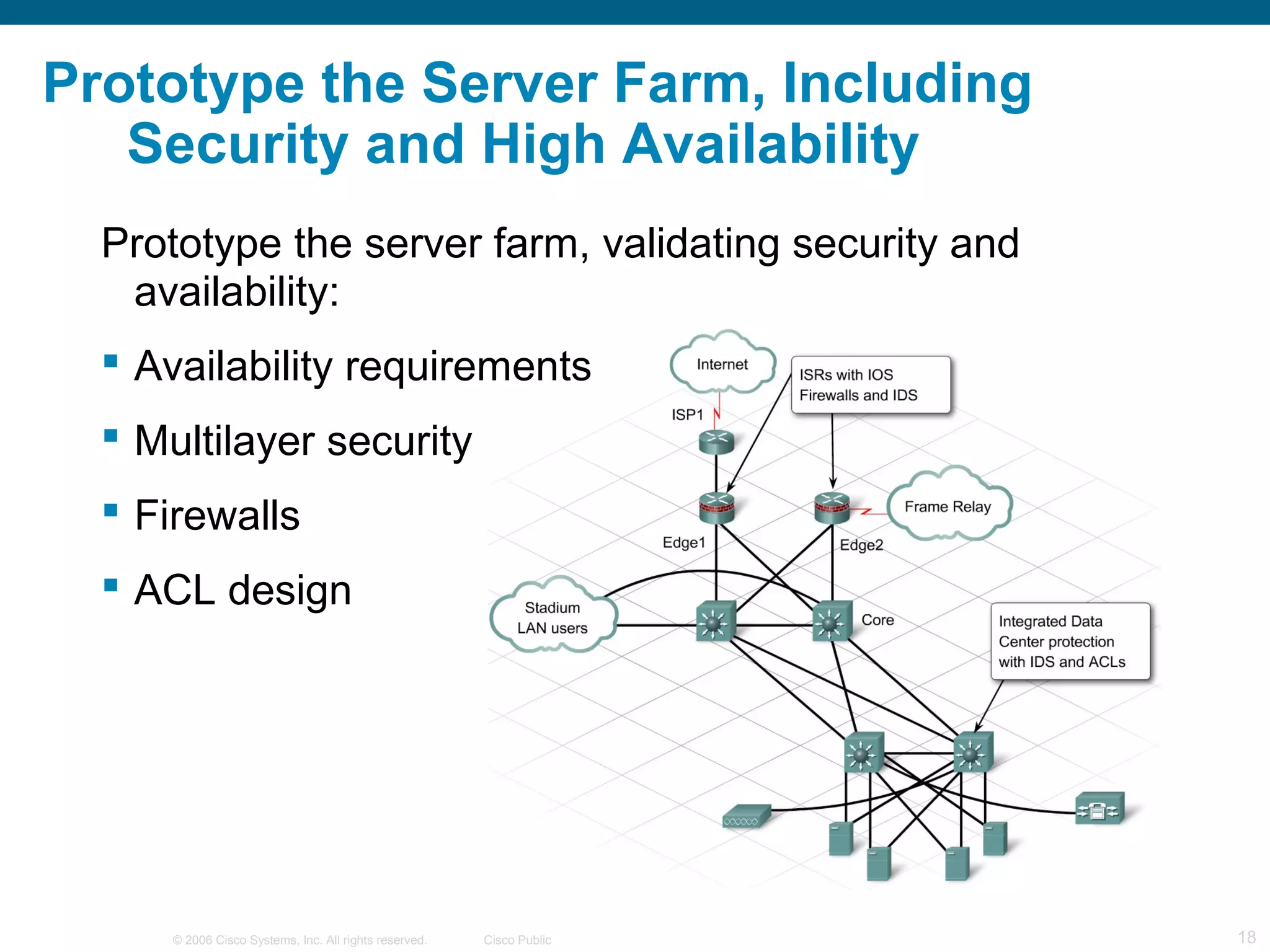 Prototype the Server Farm, Including
   Security and High Availability
  Prototype the server farm, validating security and
   availability:
   Availability requirements
   Multilayer security
   Firewalls
   ACL design




      © 2006 Cisco Systems, Inc. All rights reserved.   Cisco Public   18
 