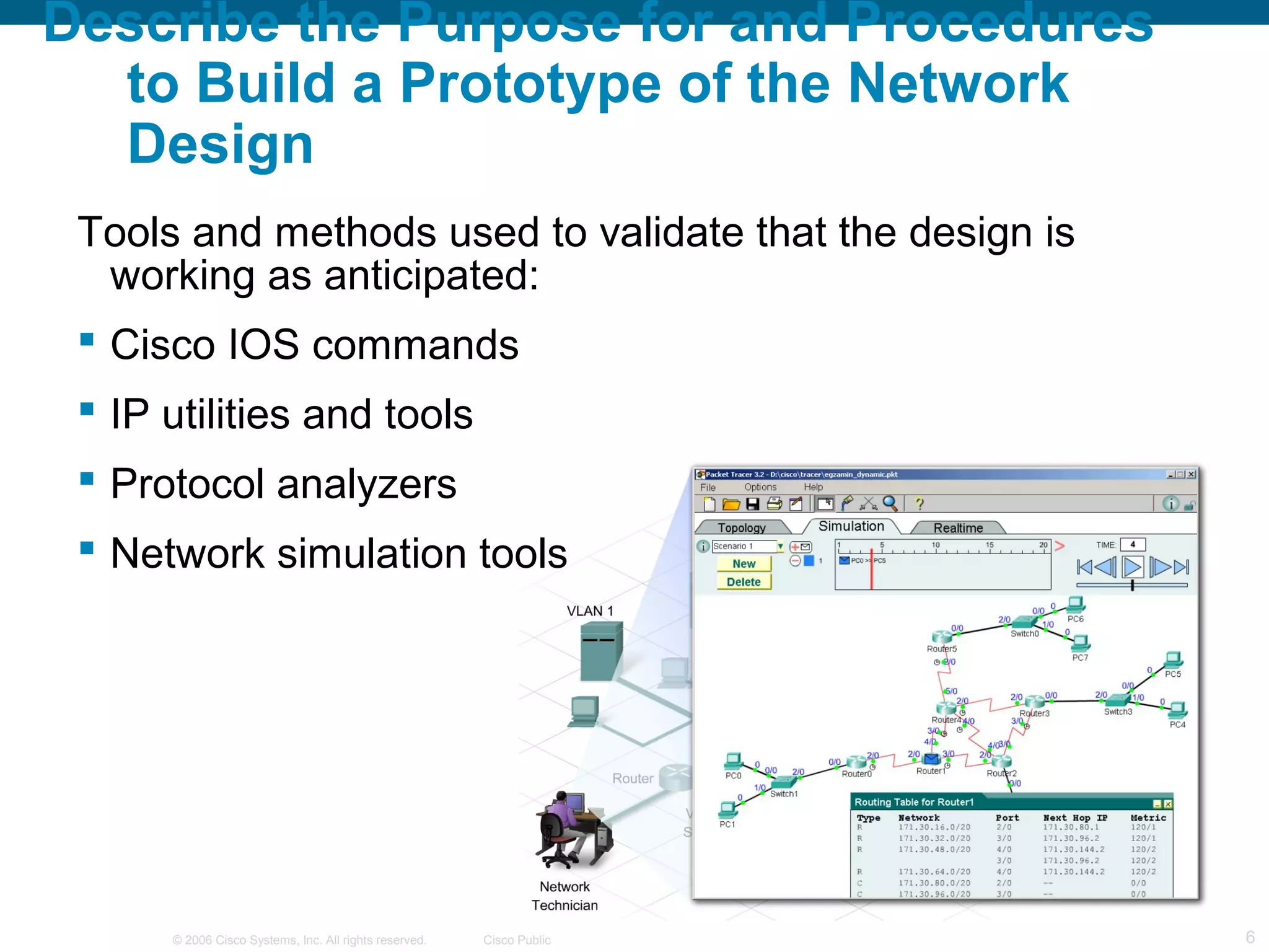 Describe the Purpose for and Procedures
  to Build a Prototype of the Network
  Design
 Tools and methods used to validate that the design is
  working as anticipated:
  Cisco IOS commands
  IP utilities and tools
  Protocol analyzers
  Network simulation tools




      © 2006 Cisco Systems, Inc. All rights reserved.   Cisco Public   6
 