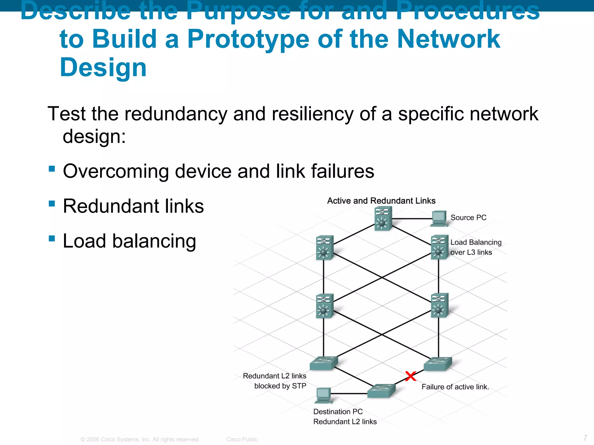 Describe the Purpose for and Procedures
  to Build a Prototype of the Network
  Design
  Test the redundancy and resiliency of a specific network
   design:
   Overcoming device and link failures
   Redundant links
   Load balancing




     © 2006 Cisco Systems, Inc. All rights reserved.   Cisco Public   7
 