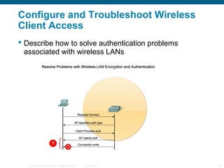 © 2006 Cisco Systems, Inc. All rights reserved. Cisco Public 18
Configure and Troubleshoot Wireless
Client Access
 Describe how to solve authentication problems
associated with wireless LANs
 