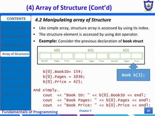 (4) Array of Structure (Cont’d)
Chapter 7 32
4.2 Manipulating array of Structure
 Like simple array, structure array is accessed by using its index.
 The structure element is accessed by using dot operator.
 Example: Consider the previous declaration of book struct
b[0].BookID= 154;
b[0].Pages = 1036;
b[0].Price = 425;
And simply…
cout << “Book ID: ” << b[0].BookID << endl;
cout << “Book Pages: ” << b[0].Pages << endl;
cout << “Book Price: ” << b[0].Price << endl;
Book b[3];
CONTENTS
User Defined DT
Structure Basics
Nested Structures
Array of Structures
Struct manipulation
Structure Pointer
Structure & Function
Other User Defined DT
Class and Objects
 