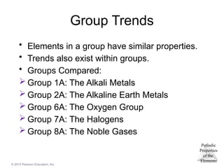 Periodic
Properties
of the
Elements
© 2015 Pearson Education, Inc.
Group Trends
• Elements in a group have similar properties.
• Trends also exist within groups.
• Groups Compared:
 Group 1A: The Alkali Metals
 Group 2A: The Alkaline Earth Metals
 Group 6A: The Oxygen Group
 Group 7A: The Halogens
 Group 8A: The Noble Gases
 