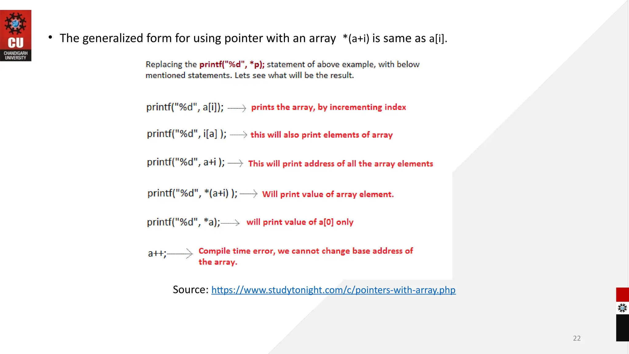 22
• The generalized form for using pointer with an array *(a+i) is same as a[i].
Source: https://www.studytonight.com/c/pointers-with-array.php
 
