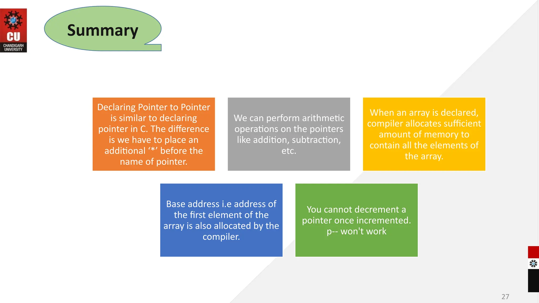 27
Summary
Declaring Pointer to Pointer
is similar to declaring
pointer in C. The difference
is we have to place an
additional ‘*’ before the
name of pointer.
We can perform arithmetic
operations on the pointers
like addition, subtraction,
etc.
When an array is declared,
compiler allocates sufficient
amount of memory to
contain all the elements of
the array.
Base address i.e address of
the first element of the
array is also allocated by the
compiler.
You cannot decrement a
pointer once incremented.
p-- won't work
 