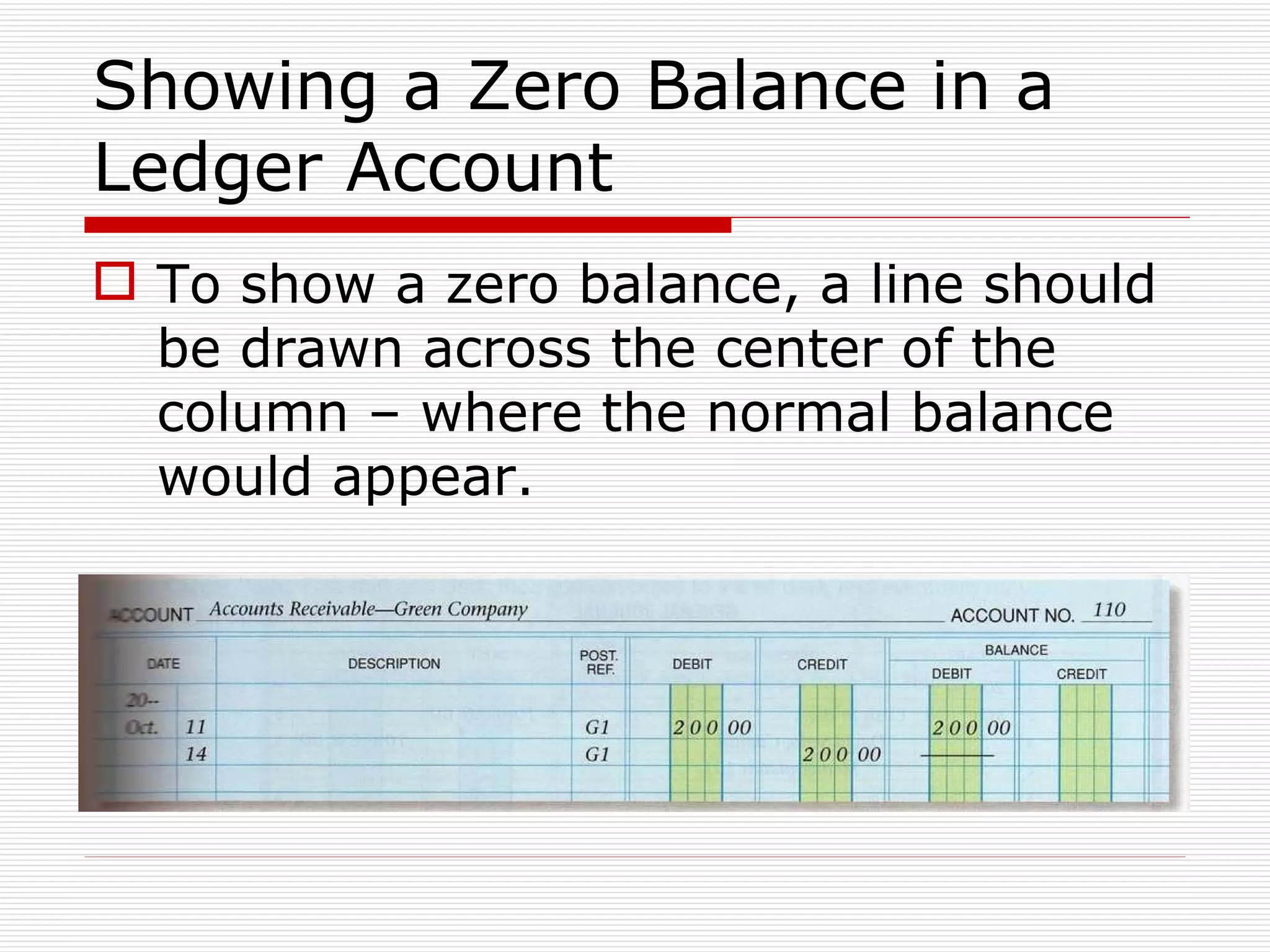 Showing a Zero Balance in a Ledger Account To show a zero balance, a line should be drawn across the center of the column – where the normal balance would appear. 