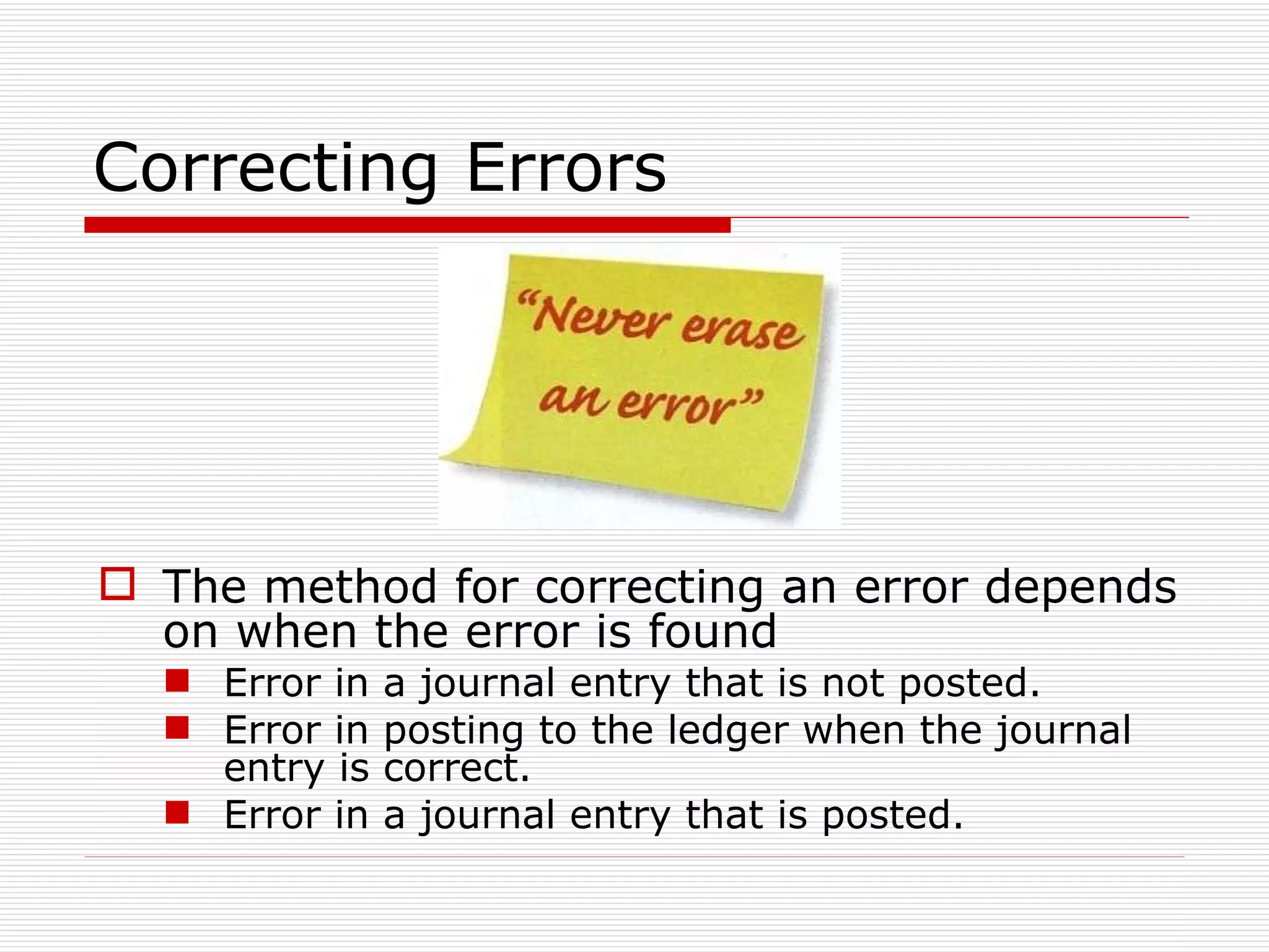 Correcting Errors The method for correcting an error depends on when the error is found Error in a journal entry that is not posted. Error in posting to the ledger when the journal entry is correct. Error in a journal entry that is posted. 
