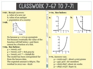Classwork 7-67 to 7-71
7-67. Sample answers:
a. value of a new car
b. value of an antique
c. population of a country
7-68.
No because y = 0 is an asymptote
Yes because eventually the value of the
function will fall below 1 and there
cannot be a fraction of a fish.
7-69. See below:
y = 7000(1.10)x
y = 7000(1.10)9 = $16,505.63
y = 7000(1.10)–10 = $2698.80
The model has been extrapolated far
from the known data.
The expected amount is $8470. The
residual in 2012 was –$226
7-70. See below:
a. b.
c.
7-71. Answers vary.
y = 100(0.94)x; about 4.005 grams
y = 45(1.30)x; 167 members
y = 160(0.89)x; about six weeks
y = 285(1.015)x; $340.75
 