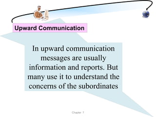 Upward Communication


    In upward communication
       messages are usually
   information and reports. But
   many use it to understand the
   concerns of the subordinates


                 Chapter 7
 