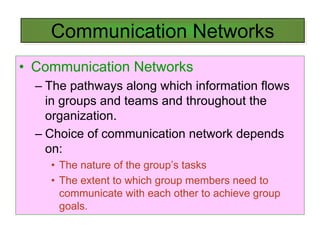 Communication Networks
    Communication Networks
• Communication Networks
  – The pathways along which information flows
    in groups and teams and throughout the
    organization.
  – Choice of communication network depends
    on:
    • The nature of the group’s tasks
    • The extent to which group members need to
      communicate with each other to achieve group
      goals.
 