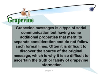 Grapevine messages is a type of serial
    communication but having some
   additional properties that merit its
separate consideration and do not follow
 such formal lines. Often it is difficult to
   discover the source of the original
message, which is why it is so difficult to
ascertain the truth or falsity of grapevine
               information
                  Chapter 7
 