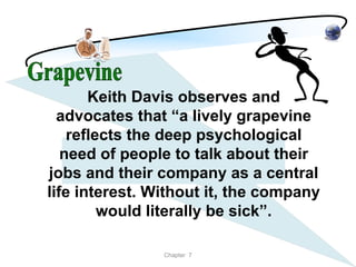 Keith Davis observes and
  advocates that “a lively grapevine
    reflects the deep psychological
   need of people to talk about their
jobs and their company as a central
life interest. Without it, the company
         would literally be sick”.

                Chapter 7
 