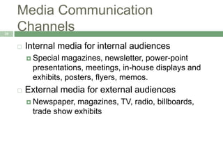 Media Communication
Channels20
 Internal media for internal audiences
 Special magazines, newsletter, power-point
presentations, meetings, in-house displays and
exhibits, posters, flyers, memos.
 External media for external audiences
 Newspaper, magazines, TV, radio, billboards,
trade show exhibits
 