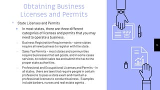 Obtaining Business
Licenses and Permits
▹ State Licenses and Permits
♥ In most states, there are three different
categorie...