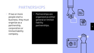 ▹ If two or more
people start a
business, they must
organize as a
partnership,
corporation or
limited liability
company.
P...