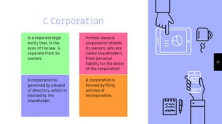 C Corporation
▹ Is a separate legal
entity that, in the
eyes of the law, is
separate from its
owners.
▹ In most cases a
co...