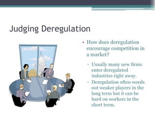 Judging Deregulation
• How does deregulation
encourage competition in
a market?
▫ Usually many new firms
enter deregulated
industries right away.
▫ Deregulation often weeds
out weaker players in the
long term but it can be
hard on workers in the
short term.
 