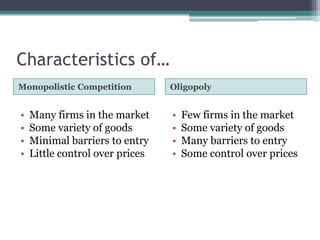 Characteristics of…
Monopolistic Competition Oligopoly
• Many firms in the market
• Some variety of goods
• Minimal barriers to entry
• Little control over prices
• Few firms in the market
• Some variety of goods
• Many barriers to entry
• Some control over prices
 