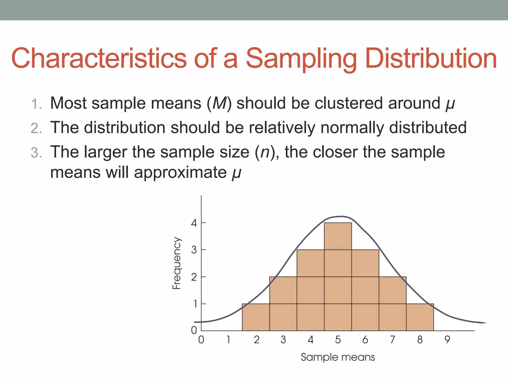 Characteristics of a Sampling Distribution
1. Most sample means (M) should be clustered around μ
2. The distribution should be relatively normally distributed
3. The larger the sample size (n), the closer the sample
means will approximate μ
 
