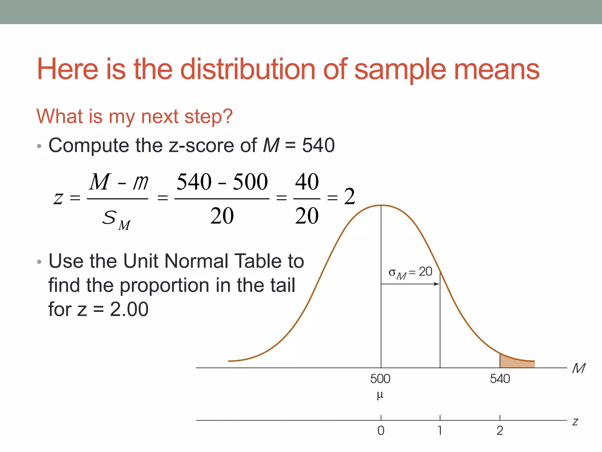 Here is the distribution of sample means
What is my next step?
• Compute the z-score of M = 540
• Use the Unit Normal Table to
find the proportion in the tail
for z = 2.00
z =
M -m
sM
=
540-500
20
=
40
20
= 2
 