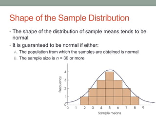 Shape of the Sample Distribution
• The shape of the distribution of sample means tends to be
normal
• It is guaranteed to be normal if either:
A. The population from which the samples are obtained is normal
B. The sample size is n = 30 or more
 
