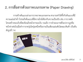 การสร้างต้นแบบผ่านการวาดภาพบนกระดาษ สามารถทําได้ทั้งกับต้นแบบที่มี
ความแม่นยําต่ํา ไปจนถึงต้นแบบที่มีความใกล้เคียงกับความเป็นจริง เช่น การวาดผัง
โครงสร้างของเว็บที่สะท้อนถึงหน้าตาของเว็บ รวมถึง การจําลองภาพที่จะปรากฏหรือ
หน้าต่างต่อไปเมื่อทําการกดปุ่มใดปุ่มหนึ่งหรืออาจเป็นเพียงแผ่นพับโฆษณาสินค้า เป็นต้น
ดังรูปที่ 7-4
ผศ.ดร.ธีทัต ตรีศิริโชติ 11
 