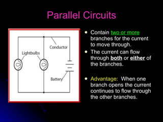 Parallel Circuits Contain  two or more  branches for the current to move through. The current can flow through  both  or  either  of the branches. Advantage:   When one branch opens the current continues to flow through the other branches. 