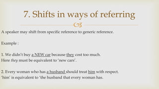 
A speaker may shift from specific reference to generic reference.
Example :
1. We didn’t buy a NEW car because they cost too much.
Here they must be equivalent to ‘new cars’.
2. Every woman who has a husband should treat him with respect.
‘him’ is equivalent to ‘the husband that every woman has.
7. Shifts in ways of referring
 