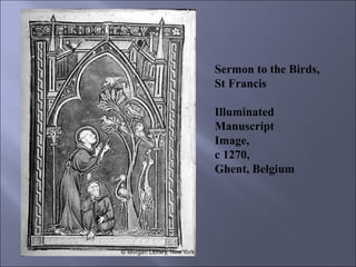 Sermon to the Birds, St Francis Illuminated Manuscript Image, c 1270, Ghent, Belgium 