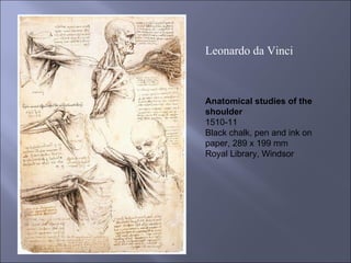 Anatomical studies of the shoulder 1510-11 Black chalk, pen and ink on paper, 289 x 199 mm Royal Library, Windsor Leonardo da Vinci  