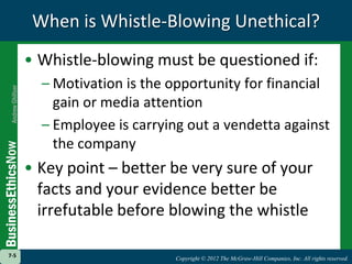When is Whistle-Blowing Unethical?Whistle-blowing must be questioned if:Motivation is the opportunity for financial gain or media attentionEmployee is carrying out a vendetta against the companyKey point – better be very sure of your facts and your evidence better be irrefutable before blowing the whistle7-5