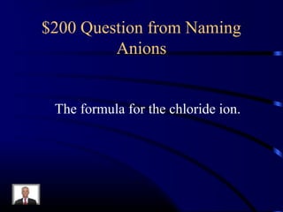 $200 Question from Naming
Anions
The formula for the chloride ion.
 