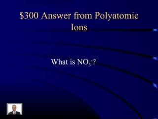 $300 Answer from Polyatomic
Ions
What is NO3
-
?
 