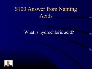$100 Answer from Naming
Acids
What is hydrochloric acid?
 