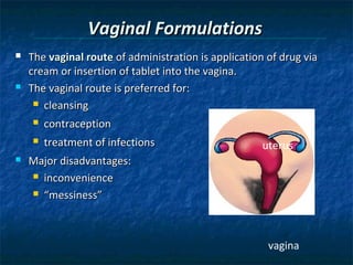 Vaginal Formulations
   The vaginal route of administration is application of drug via
    cream or insertion of tablet into the vagina.
   The vaginal route is preferred for:
      cleansing

       contraception
       treatment of infections                       uterus
   Major disadvantages:
     inconvenience

     “messiness”




                                                       vagina
 