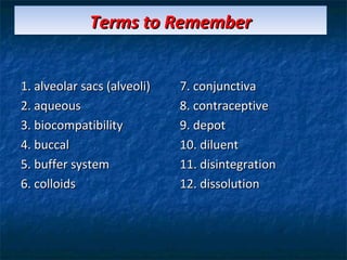 Terms to Remember


1. alveolar sacs (alveoli)   7. conjunctiva
2. aqueous                   8. contraceptive
3. biocompatibility          9. depot
4. buccal                    10. diluent
5. buffer system             11. disintegration
6. colloids                  12. dissolution
 
