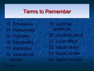 Terms to Remember

13. Emulsions       19. Lacrimal
14. Hemorrhoid        canalicula
15. Hydrates        20. Lacrimal gland
16. Injectability   21. Local effect
17. Inspiration     22. Nasal cavity
18. Intrauterine    23. Nasal inhaler
  device            24. Nasal mucosa
(Iud)
 