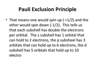 Pauli Exclusion Principle
• That means one would spin up ( +1/2) and the
  other would spin down (-1/2). This tells us
  that each subshell has double the electrons
  per orbital. The s subshell has 1 orbital that
  can hold to 2 electrons, the p subsheel has 3
  orbitals that can hold up to 6 electrons, the d
  subshell has 5 oribtals that hold up to 10
  electro
 