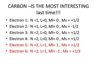 CARBON –IS THE MOST INTERESTING
               last time!!!
•   Electron 1:   N =1, L=0, Ml= 0 , Ms = +1/2
•   Electron 2:   N =1, L=0, Ml= 0 , Ms = -1/2
•   Electron 3:   N =2, L=0, Ml= 0 , Ms = +1/2
•   Electron 4:   N =2, L=0, Ml= 0 , Ms = +1/2
•   Electron 5:   N =2, L=1, Ml= 1 , Ms = +1/2
•   Electron 6:   N =2, L=1, Ml= -1 , Ms = +1/2
 