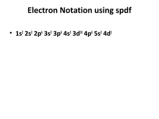 Electron Notation using spdf

• 1s2 2s2 2p6 3s2 3p6 4s2 3d10 4p6 5s2 4d1
 