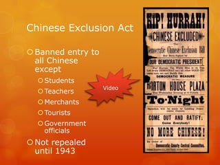 Chinese Exclusion Act	Banned entry to all Chinese exceptStudentsTeachersMerchantsTouristsGovernment officialsNot repealed until 1943Video